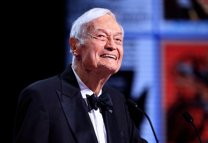 US film director and producer Roger Corman speaks on stage to present the Grand Prix during the closing ceremony of the 76th edition of the Cannes Film Festival in Cannes, southern France, on 27 May, 2023.