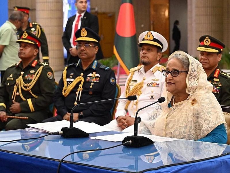 The prime minister speaks at an event marking the International Day of UN Peacekeepers-2024 in Dhaka on 29 May, 2024.