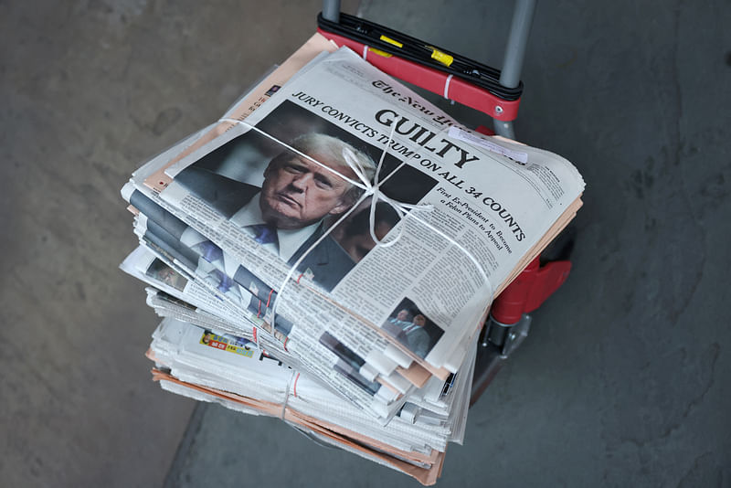 A copy of the New York Times featuring an image of former US president Donald Trump is delivered the day after the verdict of his criminal trial over charges that he falsified business records to conceal money paid to silence porn star Stormy Daniels in 2016, in New York City, US, on 31 May, 2024