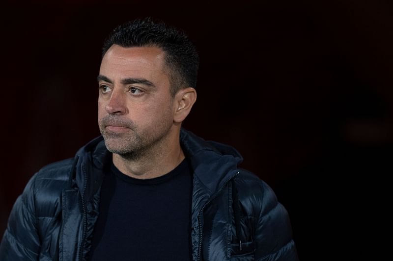 Barcelona’s Spanish coach Xavi is pictured during the Spanish league football match between UD Almeria and FC Barcelona at the Municipal Stadium of the Mediterranean Games in Almeria on 16 May, 2024