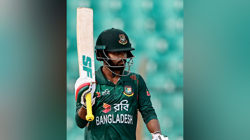 Towhid Hridoy celebrates after scoring a half-century (50 runs) during the third Twenty20 international cricket match between Bangladesh and Zimbabwe in Chattogram on 7 May, 2024.