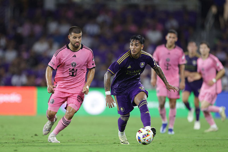 Orlando City forward Facundo Torres (10) plays the ball defended by Inter Miami defender Marcelo Weigandt in the second half at Inter&Co Stadium at Orlando, Florida, USA on 15 May, 2024