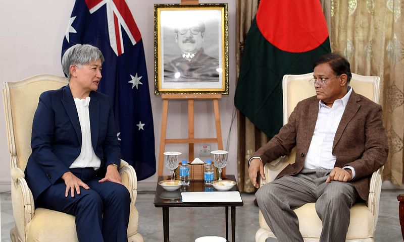 Foreign ministers of Bangladesh and Australia Hasan Mahmud and Penny Wong at the state guest house Padma on Tuesday