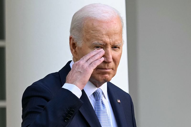 US President Joe Biden salutes after speaking during a celebration for Jewish American Heritage Month at the Rose Garden of the White House in Washington, DC on 20 May, 2024