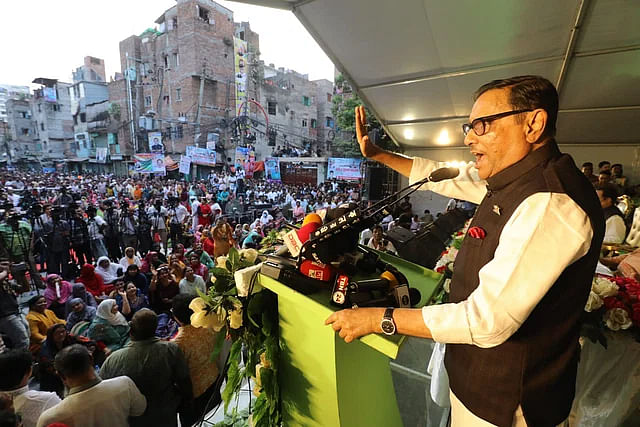 Obaidul Quader speaking at a peace and development rally organised by Awami League Dhaka city north at Goznabi Road of Mohammadpur in the capital on Saturday.