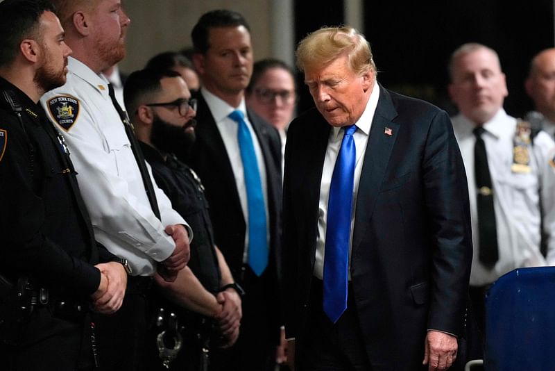 Former US President and Republican presidential candidate Donald Trump walks to speak to the press after he was convicted in his criminal trial at Manhattan Criminal Court in New York City, on 30 May, 2024