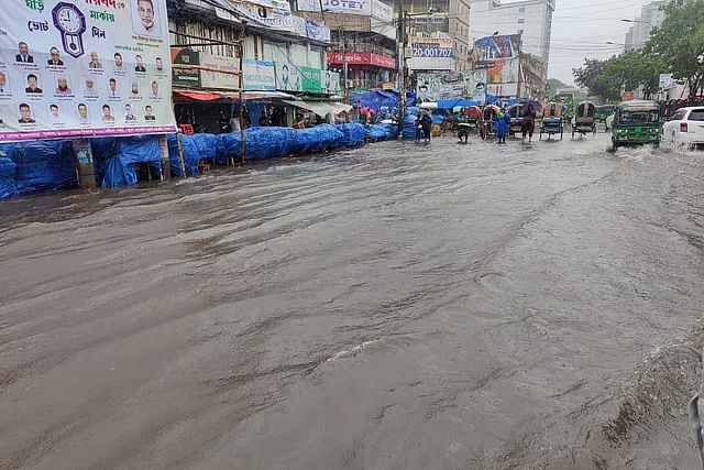 Water accumulated in the New Market area in the capital. The picture was taken after 11:00am on Monday.