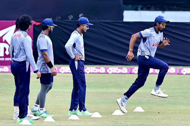 Bangladesh’s players attend a practice session at the Zahur Ahmed Chowdhury Stadium in Chittagong on May 6, 2024, on the eve of their third Twenty20 international cricket match against Zimbabwe