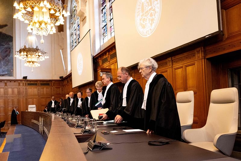 Court's president Joan Donoghue (C) and associate judges arrive to hear South African arguments to the International Court of Justice (ICJ) as part of South Africa case against Israel over Rafah offensive in The Hague, on 16 May, 2024.