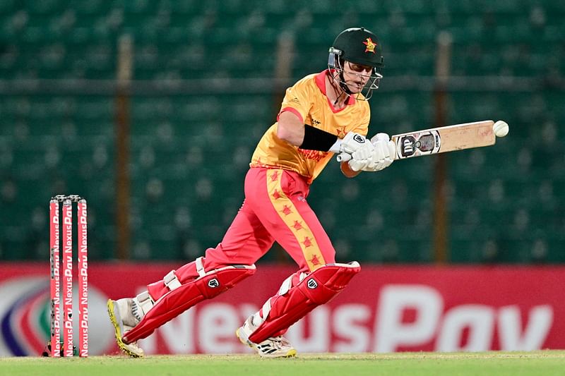 Zimbabwe's Johnathan Campbell plays a shot during the second Twenty20 international cricket match between Bangladesh and Zimbabwe at the Zahur Ahmed Chowdhury Stadium in Chittagong on May 5, 2024