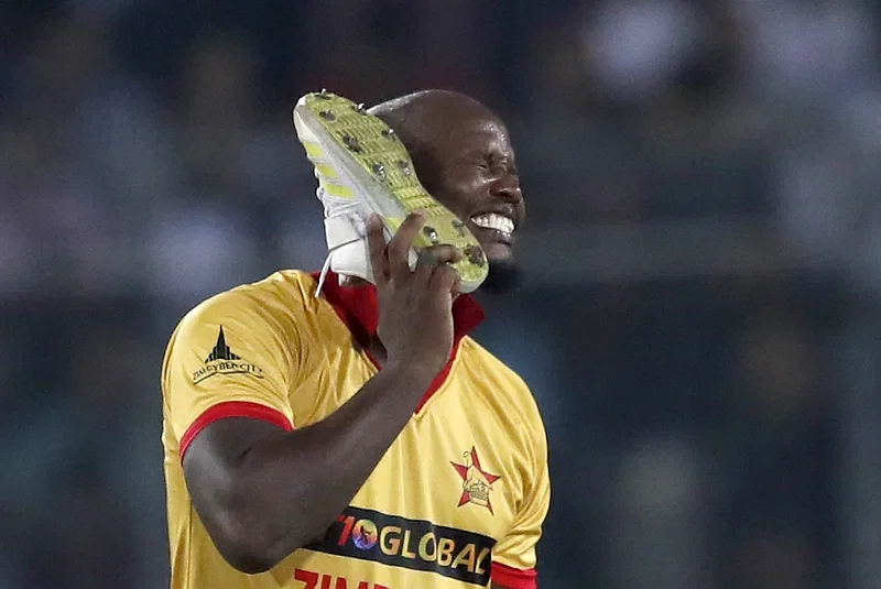 Zimbabwe pacer Luke Jongwe celebrates a wicket in the 4th T20I at Sher-e-Bangla National Cricket Stadium in Mirpur, Dhaka on 10 May, 2024