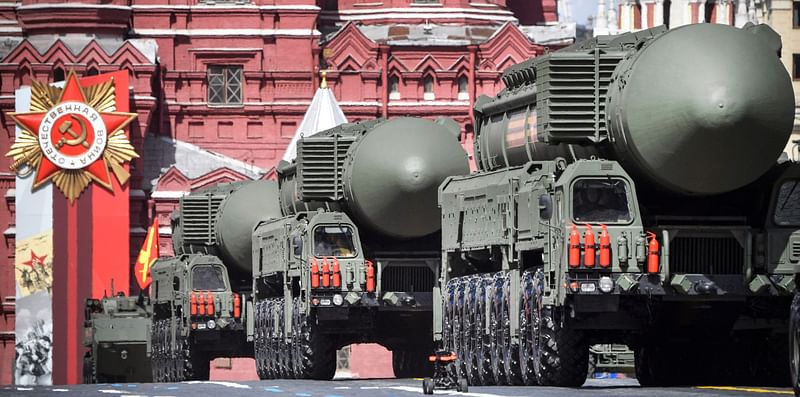 Russian Yars intercontinental ballistic missile launchers parade through Red Square during the Victory Day military parade in central Moscow on 9 May, 2022