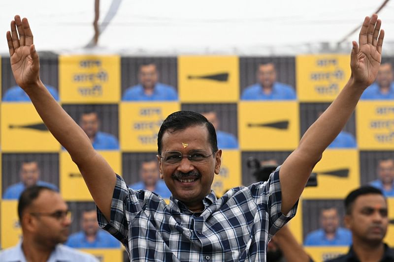 Aam Aadmi Party (AAP) leader and chief minister of Delhi Arvind Kejriwal during a press conference at the party headquarters in New Delhi on May 11, 2024, a day after being release on bail by India's top court