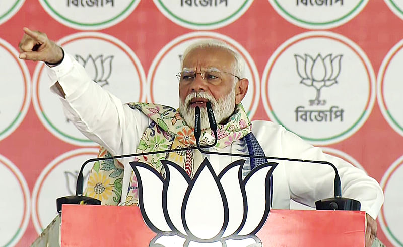 Prime Minister Narendra Modi addresses a public meeting in support of the Bharatiya Janata Party (BJP) candidate from Bardhaman Durgapur seat Dilip Ghosh for the third phase of the Lok Sabha elections, in Bardhaman on 3 May, 2024