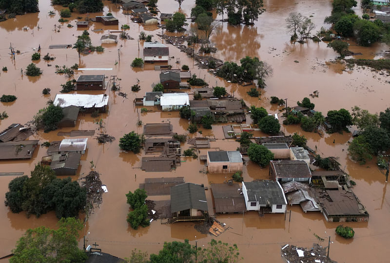 A drone view shows an area affected by the floods in Encantado, Rio Grande do Sul state, Brazil, 3 May 2024.