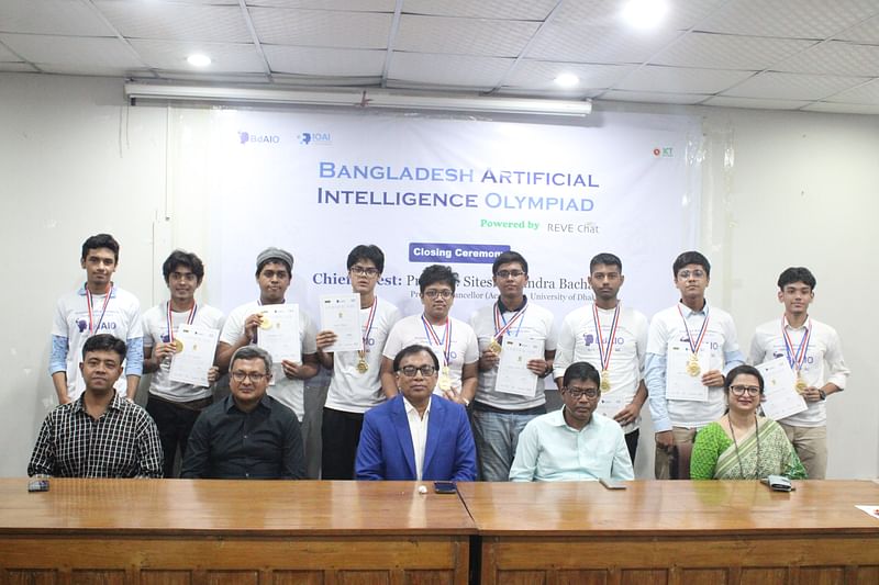 Winners of the first ever Bangladesh Artificial Intelligence Olympiad pose with guests for a picture.