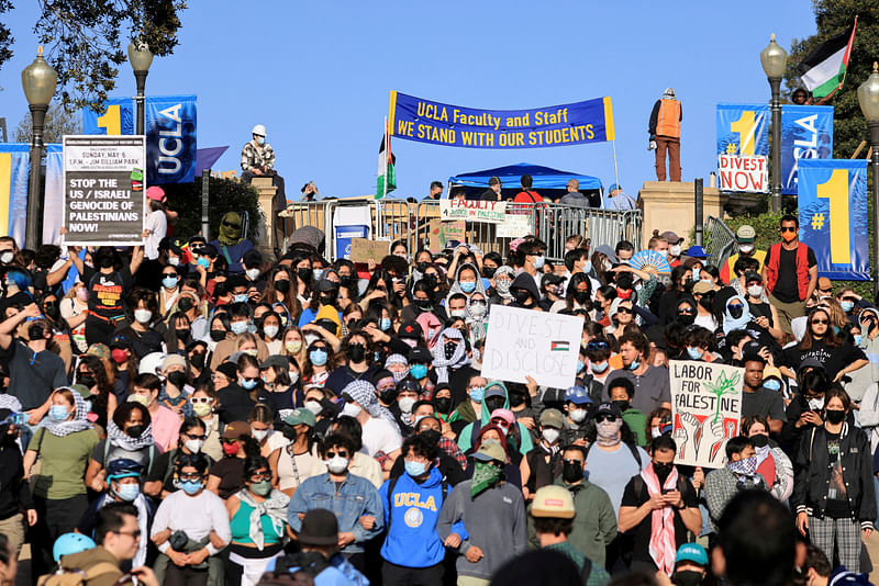 People gather at the University of California, Los Angeles (UCLA), as the conflict between Israel and the Palestinian Islamist group Hamas continues, in Los Angeles, California, US, on 1 May, 2024