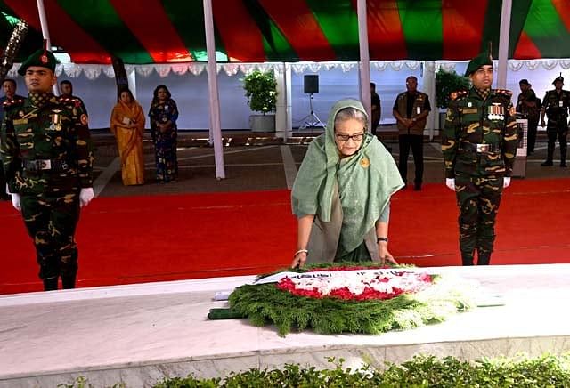 Prime minister Sheikh Hasina places wreath at the mausoleum of the Father of the Nation Bangabandhu Sheikh Mujibur Rahman at Tungipara in Gopalganj on 10 May 2024.