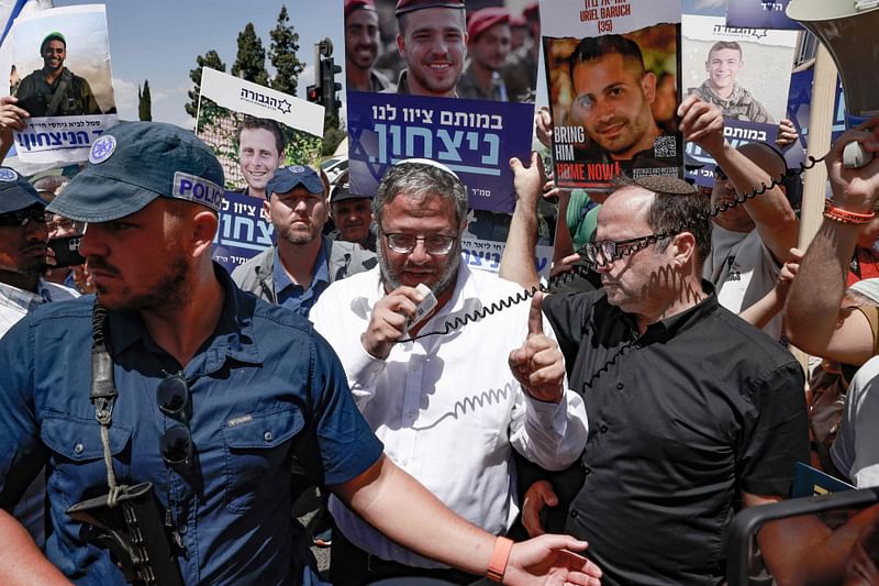 Israel's far-right National Security Minister Itamar Ben Gvir speaks during a protest organised by the families of soldiers killed in the conflict between Israel and the Palestinian Hamas movement, calling on the continuation of the war efforts, in Jerusalem on 5 May 2024. Talks to reach a Gaza truce were expected to resume on May 5 after officials from the Hamas Islamist organisation and Israel publicly disagreed over demands to end their seven-month war.