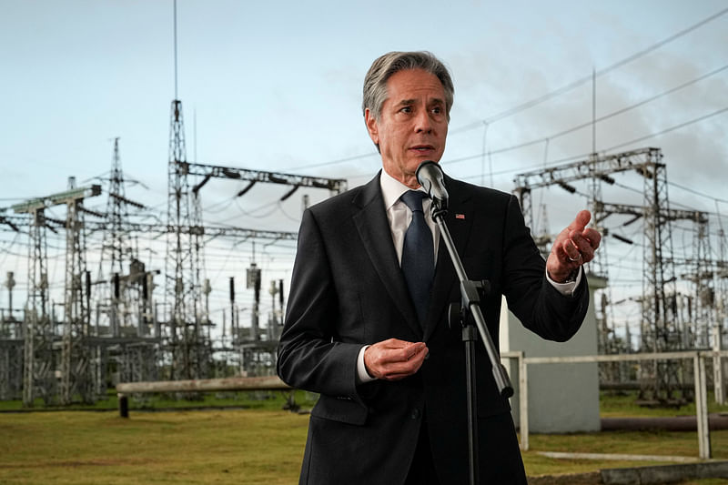 US Secretary of State Antony Blinken speaks during a visit to the site of Moldelectrica Chisinau Substation in Braila south of the capital of Moldova, on 29 May, 2024