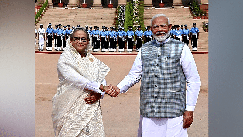 Indian prime minister Narendra Modi welcomes his Bangladesh counterpart Sheikh Hasina at the Hyderabad House in New Delhi on 22 June, 2024.