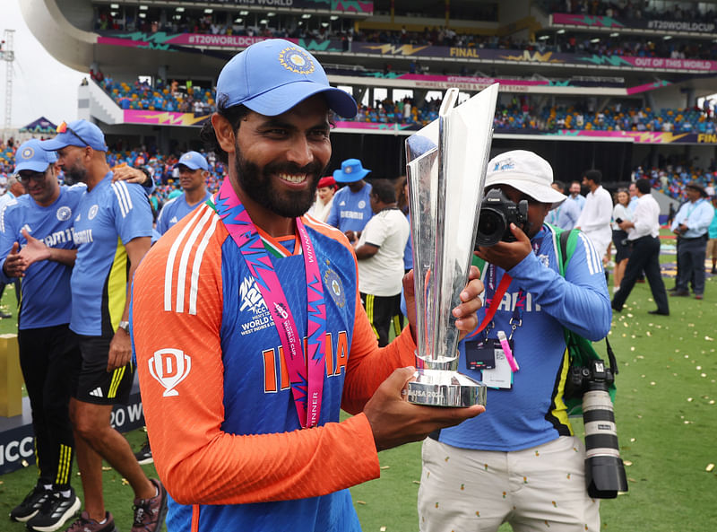 India's Ravindra Jadeja celebrates with the trophy after winning the T20 World Cup