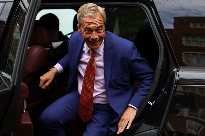 Britain's Reform UK Party Leader Nigel Farage arrives to a Reform UK general election campaign event in London, Britain on 14 June 2024.