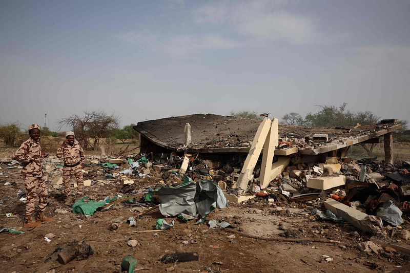 A general view of a collapsed building at the scene following a fire at a ammunition depot in N’Djamena on 19 June, 2024.