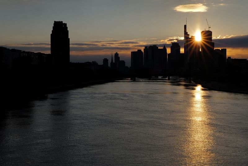 The skyline of the banking district is seen during sunset in Frankfurt, Germany, 21 April 2024.