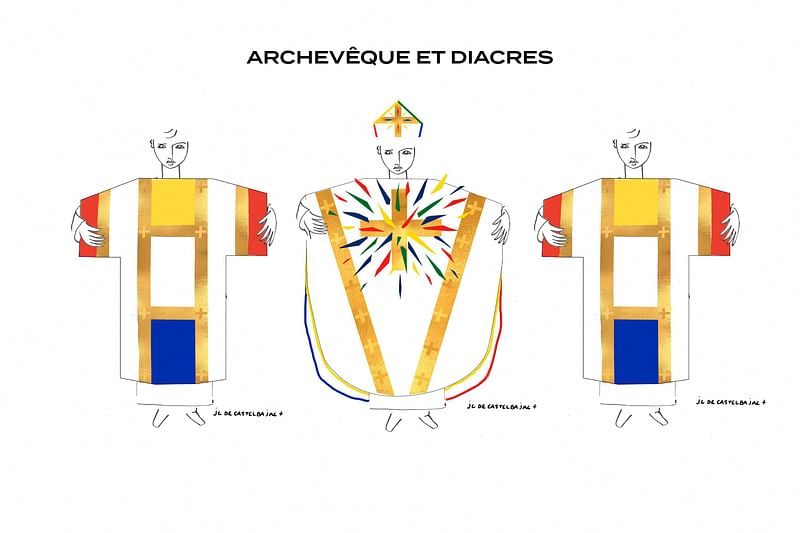 This handout photograph taken and released on 25 June, 2024 by Jeancharlesdecastelbajac+ shows the drawing of the future liturgical vestments of the archbishop and say of Notre-Dame designed by 74-year-old French fashion designer Jean-Charles de Castelbajac, who was inspired by the huge golden cross of the Notre-Dame choir, which was spared from the flames, on 26 June, 2024.