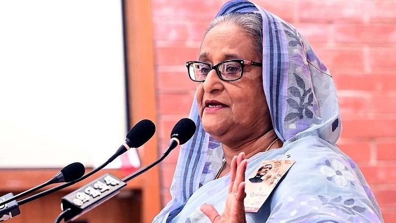 Prime Minister Sheikh Hasina addresses a discussion organised at the party’s Dhaka district office in the capital’s Tejgaon area marking the historic six-point day on 7 June, 2024