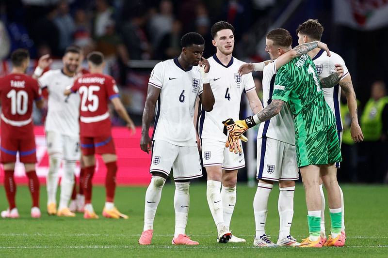 England players react after the UEFA Euro 2024 Group C football match between Serbia and England at the Arena AufSchalke in Gelsenkirchen on 16 June, 2024