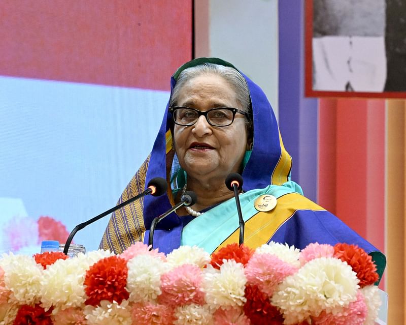 Prime Minister Sheikh Hasina addresses the National Primary Education Week-2024 as the chief guest at a programme organised at the Osmani Memorial Auditorium in 27 June 2024