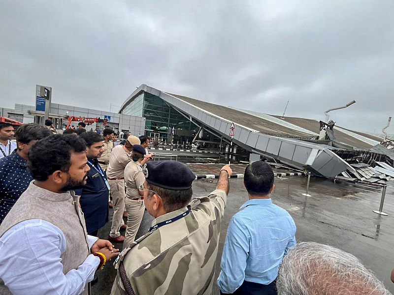 Union Minister of Civil Aviation Ram Mohan Naidu Kinjarapu visits the T1 terminal of the Indira Gandhi International Airport and inspects the area, where a portion of the roof collapsed resulting in the death of one person and injury of several others, in New Delhi on 28 June, 2024