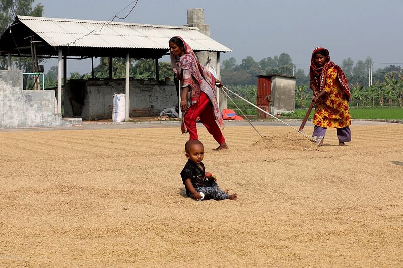 Nazma Begum, keeping her toddler son Zarif on a side, along with another woman lays paddy to dry on a terrace. She will earn Tk 300 as her daily wage from this labour. Photo taken from Madla area in Shajahanpur upazila of Bogura on 3 March 2024.