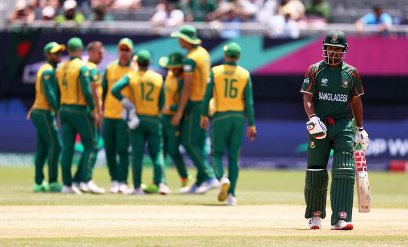 Najmul Hossain Shanto of Bangladesh makes his way off after being dismissed during the ICC Men’s T20 Cricket World Cup West Indies & USA 2024 match between South Africa and Bangladesh at Nassau County International Cricket Stadium on 10 June, 2024 in New York