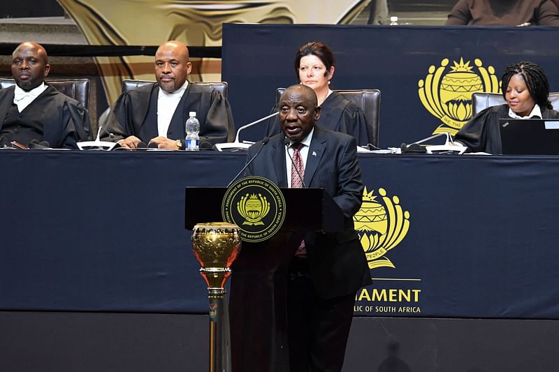 President of the African National Congress (ANC) Cyril Ramaphosa adresses members of parliament after he was announced President of South Africa after members of parliament voted during the first sitting of the New South African Parliament in Cape Town on 14 June 2024.