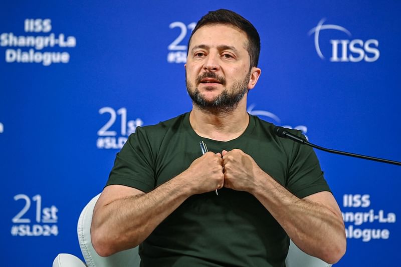 Ukraine’s President Volodymyr Zelensky speaks during the 21st Shangri-La Dialogue summit at the Shangri-La Hotel in Singapore on 2 June, 2024