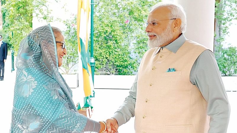 Bangladesh prime minister Sheikh Hasina and Indian prime minister Narendra Modi shake hands during the bilateral meeting in New Delhi on 8 September 2023