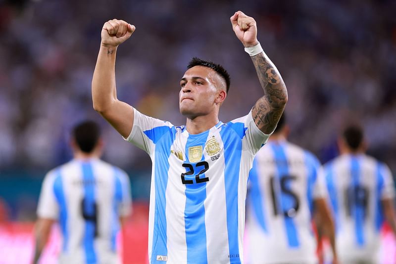 Lautaro Martinez of Argentina celebrates after scoring the team's second goal during the CONMEBOL Copa America 2024 Group A match between Argentina and Peru at Hard Rock Stadium on 29 June, 2024 in Miami Gardens, Florida.