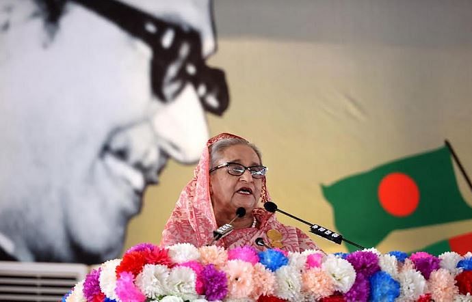 Prime Minister and governing Bangladesh Awami League president Sheikh Hasina addresses a public rally at the historic Suhrawardy Udyan, Dhaka, marking the 75th founding anniversary of the AL on 23 June, 2024