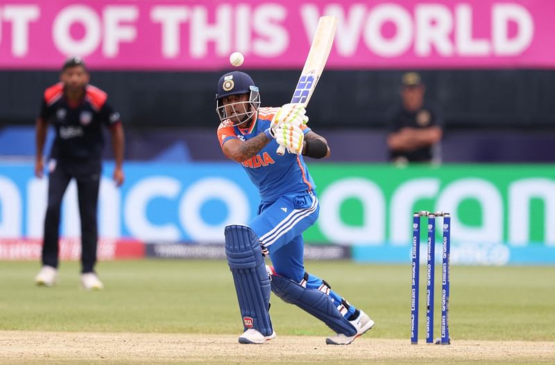 Suryakumar Yadav of India plays a shot during the ICC Men’s T20 Cricket World Cup West Indies & USA 2024 match between USA and India at Nassau County International Cricket Stadium on 12 June, 2024 in New York