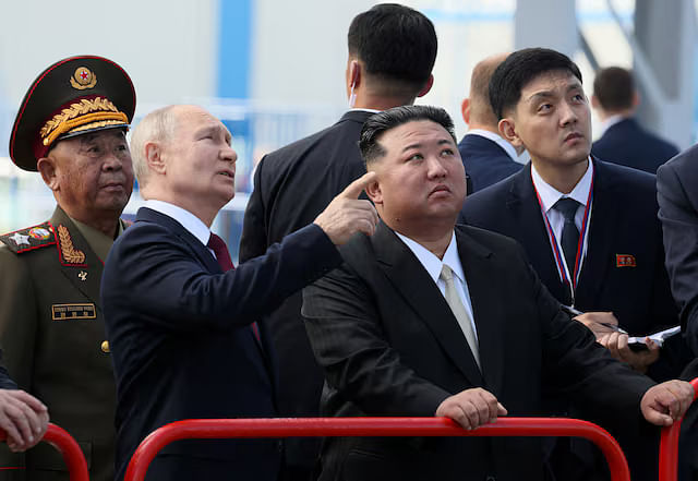 Russia's President Vladimir Putin and North Korea's leader Kim Jong Un visit the Vostochny Сosmodrome in the far eastern Amur region, Russia, on 13 September, 2023.