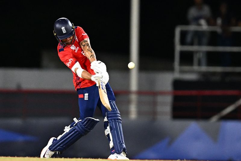 England's Phil Salt hits a six during the ICC men's Twenty20 World Cup 2024 Super Eight cricket match between England and the West Indies at Daren Sammy National Cricket Stadium in Gros Islet, Saint Lucia, on 19 June, 2024