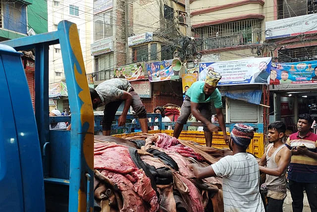 Rawhide of sacrificial animals is being sold at Posta in the capital on Monday.