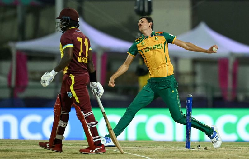 outh Africa's Marco Jansen (R) bowls as West Indies' Kyle Mayers (L) looks on during the ICC men's Twenty20 World Cup 2024 Super Eight cricket match between West Indies and South Africa at Sir Vivian Richards Stadium in North Sound, Antigua and Barbuda on 23 June 2024.