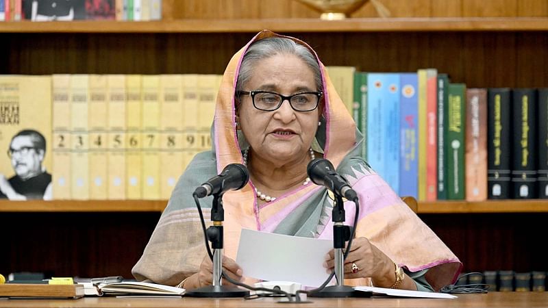 Prime minister Sheikh Hasina speaks at a press briefing at Ganabhaban in Dhaka on 25 June, 2024.