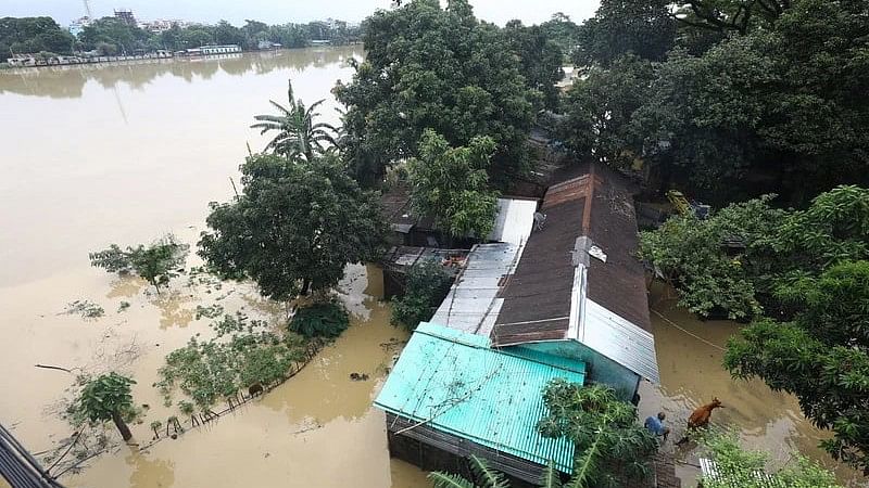 Water level at Surma river rises in Sylhet due to flash flood with houses inundated