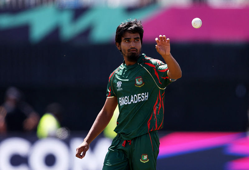 Tanzim Hasan Sakib of Bangladesh catches the ball during the ICC Men’s T20 Cricket World Cup West Indies & USA 2024 match between South Africa and Bangladesh at Nassau County International Cricket Stadium on 10 June, 2024 in New York