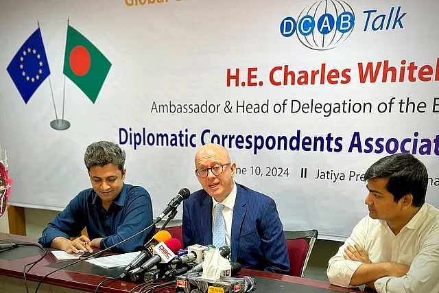 European Union ambassador Charles Whiteley speaks at the DCAB Talk event held at the National Press Club. Dhaka, 10 June